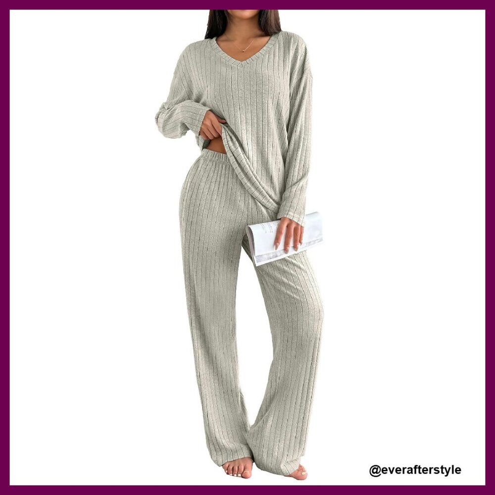 Long Sleeve Ribbed Knit Lounge Set Pajamas With Pockets Cozy Chic Loungewear